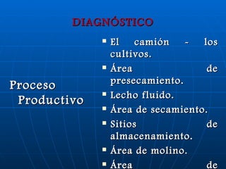 DIAGNÓSTICO Proceso Productivo El camión - los cultivos.  Área de presecamiento. Lecho fluido. Área de secamiento. Sitios de almacenamiento. Área de molino. Área de blanqueamiento y Brillado. Área de empacado. 