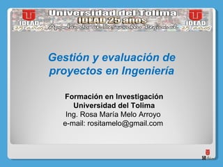 Gestión y evaluación de proyectos en Ingeniería Formación en Investigación Universidad del Tolima Ing. Rosa María Melo Arroyo  e-mail: rositamelo@gmail.com   