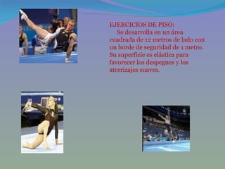 EJERCICIOS DE PISO:       Se desarrolla en un área cuadrada de 12 metros de lado con un borde de seguridad de 1 metro. Su superficie es elástica para favorecer los despegues y los aterrizajes suaves. 