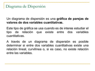 Diagrama de Dispersión Un diagrama de dispersión es una  gráfica de parejas de valores de dos variables cuantitativas. Este tipo de gráfica se usa cuando es de interes estudiar el tipo de relación que existe entre dos variables cuantitativas. A través de un diagrama de dispersión es posible determinar si entre dos variables cuantitativas existe una relación lineal, curvilínea o, si es caso, no existe relación entre las variables. 