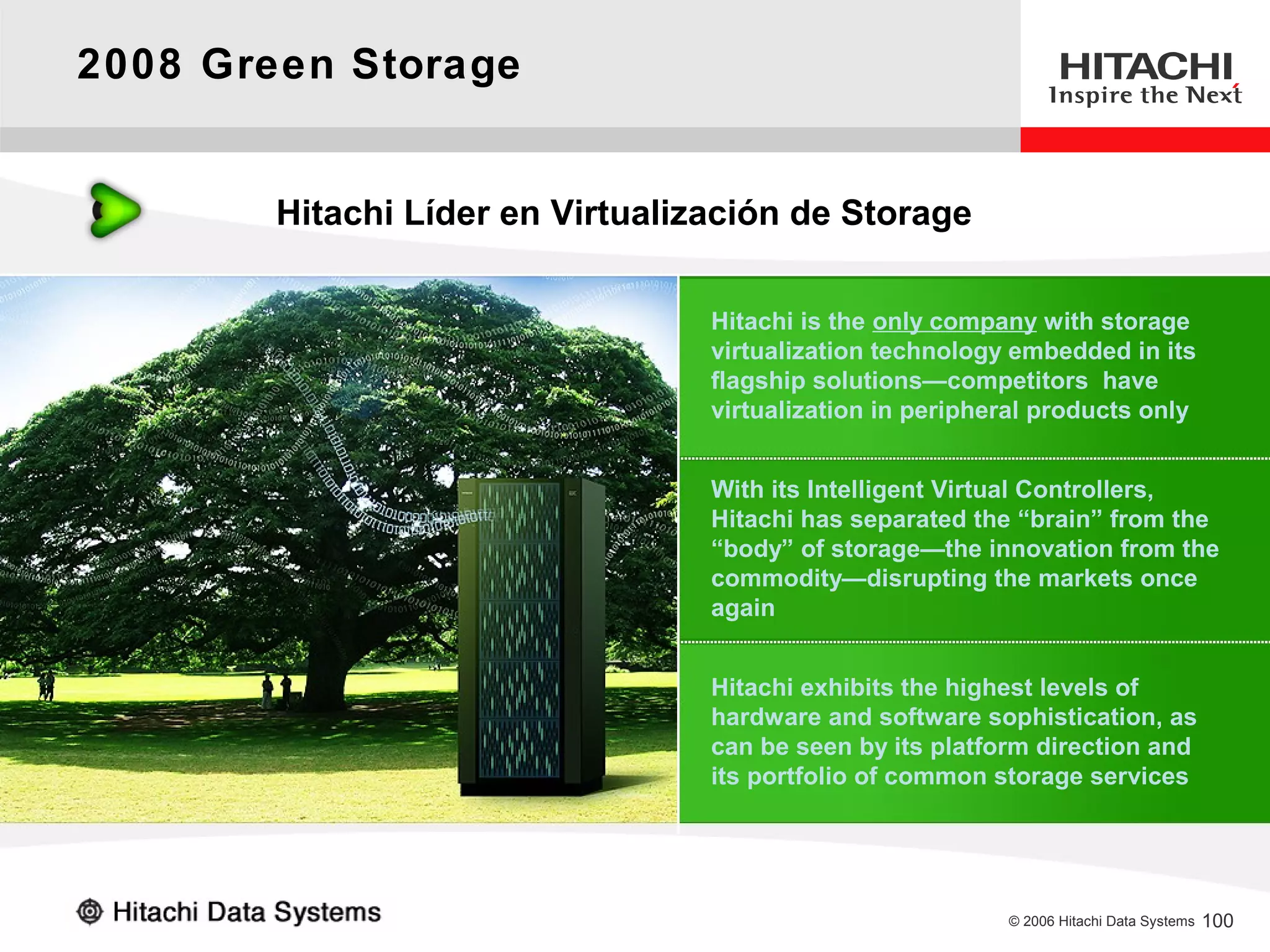2008 Green Storage


        Hitachi Líder en Virtualización de Storage

                                  Hitachi is the only company with storage
                                  virtualization technology embedded in its
                                  flagship solutions—competitors have
                                  virtualization in peripheral products only


                                  With its Intelligent Virtual Controllers,
                                  Hitachi has separated the “brain” from the
                                  “body” of storage—the innovation from the
                                  commodity—disrupting the markets once
                                  again


                                  Hitachi exhibits the highest levels of
                                  hardware and software sophistication, as
                                  can be seen by its platform direction and
                                  its portfolio of common storage services




                                                           © 2006 Hitachi Data Systems   100
 