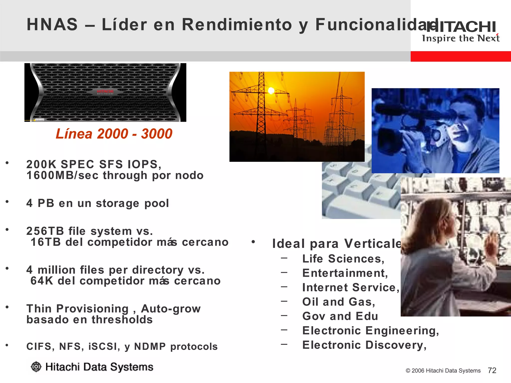 HNAS – Líder en Rendimiento y Funcionalidad




         Línea 2000 - 3000
•   200K SPEC SFS IOPS,
    1600MB/sec through por nodo

•   4 PB en un storage pool

•   256TB file system vs.
     16TB del competidor más cercano     •   Ideal para Verticales:
                                              –   Life Sciences,
•   4 million files per directory vs.         –   Entertainment,
     64K del competidor más cercano           –   Internet Service,
                                              –   Oil and Gas,
•   Thin Provisioning , Auto-grow
    basado en thresholds                      –   Gov and Edu
                                              –   Electronic Engineering,
•   CIFS, NFS, iSCSI, y NDMP protocols        –   Electronic Discovery,

                                                                   © 2006 Hitachi Data Systems   72
 