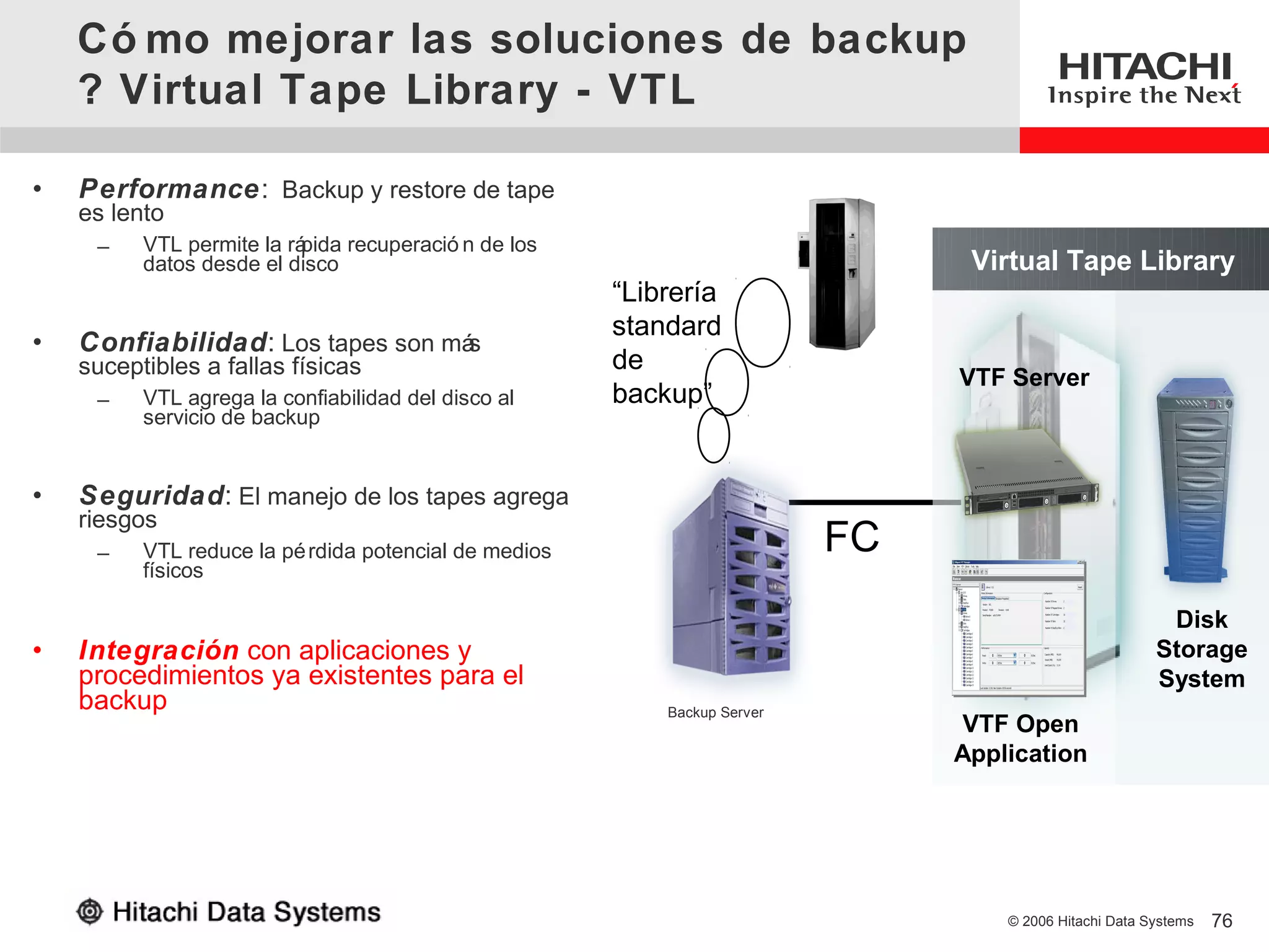 Có mo mejorar las soluciones de backup
    ? Virtual Tape Library - VTL

•   Performance: Backup y restore de tape
    es lento
     –    VTL permite la rápida recuperació n de los
          datos desde el disco                                                   Virtual Tape Library
                                                       “Librería
                                                       standard
•   Confiabilidad: Los tapes son más
    suceptibles a fallas físicas                       de
                                                                                VTF Server
     –    VTL agrega la confiabilidad del disco al     backup”
          servicio de backup


•   Seguridad: El manejo de los tapes agrega
    riesgos
     –    VTL reduce la pé rdida potencial de medios                       FC
          físicos

                                                                                                          Disk
•   Integración con aplicaciones y                                                                       Storage
    procedimientos ya existentes para el                                                                 System
    backup                                                 Backup Server
                                                                                 VTF Open
                                                                                Application




                                                                                    © 2006 Hitachi Data Systems   76
 