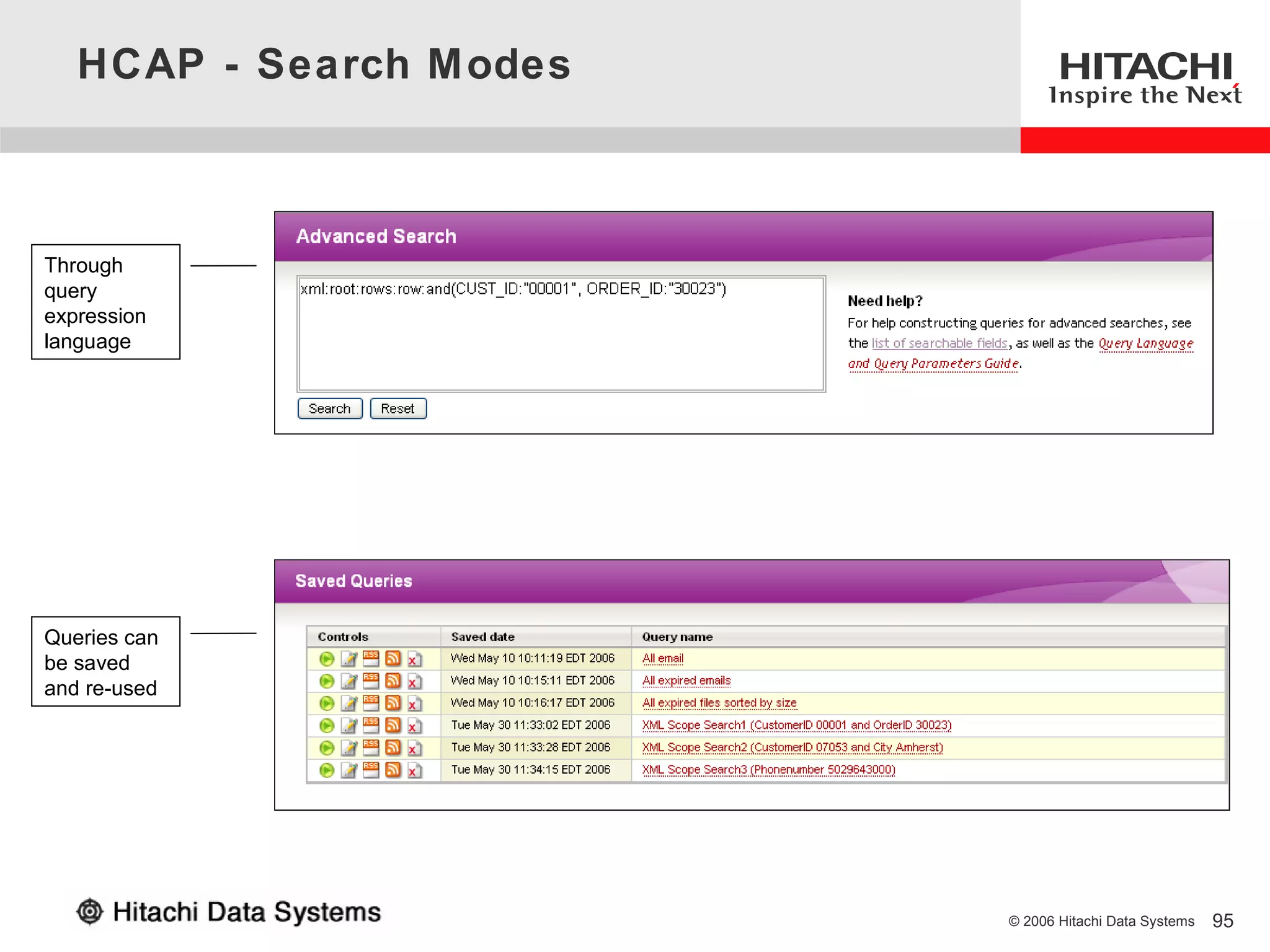 HCAP - Search M odes



Through
query
expression
language




Queries can
be saved
and re-used




                          © 2006 Hitachi Data Systems   95
 
