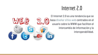 Internet 2.0
El Internet 2.0 es una tendencia que se
basa diseñar sitios web centrados en el
usuario sobre la WWW que faciliten el
intercambio de información y la
interoperabilidad.
 