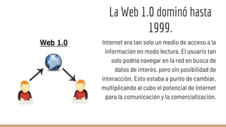 La Web 1.0 dominó hasta
1999.
Internet era tan solo un medio de acceso a la
información en modo lectura. El usuario tan
solo podría navegar en la red en busca de
datos de interés, pero sin posibilidad de
interacción. Esto estaba a punto de cambiar,
multiplicando al cubo el potencial de Internet
para la comunicación y la comercialización.
 