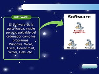 SOFTWARE


  El Software es la
 parte lógica, visible
pero no palpable del
ordenador como los
     programas:
  Windows, Word,
 Excel, PowerPoint,
  Writer, Calc, etc.



                         LOGO
 