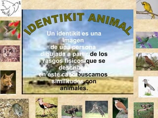 IDENTIKIT ANIMAL Un identikit es una imagen  de una persona  dibujada a partir  de los  rasgos físicos  que se  describen, en este caso  buscamos  similitudes  con animales. 