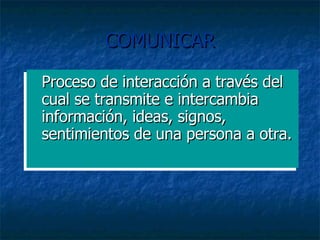 COMUNICAR Proceso de interacción a través del cual se transmite e intercambia información, ideas, signos, sentimientos de una persona a otra. 