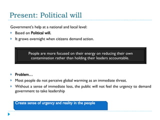 Present: Political will Government’s help at a national and local level: Based on  Political will.  It grows overnight when citizens demand action.  Problem… Most people do not perceive global warming as an immediate threat.  Without a sense of immediate loss, the public will not feel the urgency to demand government to take leadership Create sense of urgency and reality in the people People are more focused on their energy on reducing their own contamination rather than holding their leaders accountable.  