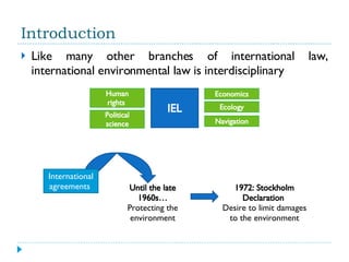 Introduction Like many other branches of international law, international environmental law is interdisciplinary Economics Political science Ecology Navigation Human rights  IEL International agreements  Until the late 1960s… Protecting the environment 1972: Stockholm Declaration  Desire to limit damages to the environment 