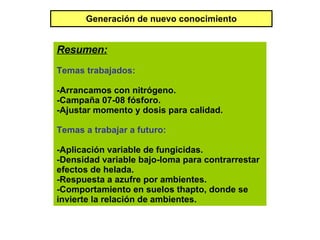 Generación de nuevo conocimiento Resumen:   Temas trabajados: -Arrancamos con nitrógeno. -Campaña 07-08 fósforo. -Ajustar momento y dosis para calidad. Temas a trabajar a futuro: -Aplicación variable de fungicidas. -Densidad variable bajo-loma para contrarrestar efectos de helada. -Respuesta a azufre por ambientes. -Comportamiento en suelos thapto, donde se invierte la relación de ambientes. 