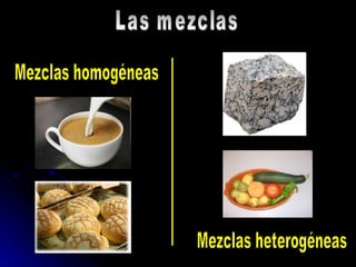 Las mezclas Mezclas homogéneas Mezclas heterogéneas 