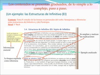 (Un ejemplo: las Estructuras de Infinitivo (EI) Los contenidos se presentan graduados, de lo simple a lo complejo, paso a paso. Contexto : Tema 8: estudio de las formas no personales del verbo. Semejanzas y diferencias entre (estructuras de) Infinitivo y (de) Participio.  Nivel : 1º Bach Se amplían y matizan  las explicaciones Información  esencial Ejemplo analizado La lengua española como referencia 
