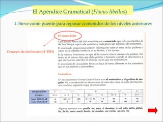 El Apéndice Gramatical ( Flavus libellus ) 1. Sirve como puente para repasar contenidos de los niveles anteriores Concepto de declinación (4º ESO) 