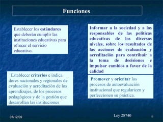 07/06/09 Funciones  Establecer los  estándares  que deberán cumplir las instituciones educativas para ofrecer el servicio educativo. Establecer  criterios  e indica dores nacionales y regionales de evaluación y acreditación de los aprendizajes, de los procesos pedagógicos y de la gestión que desarrollan las instituciones Informar a la sociedad y a los responsables de las políticas educativas de los diversos niveles, sobre los resultados de las acciones de evaluación y acreditación para contribuir a la toma de decisiones e impulsar cambios a favor de la calidad Promover  y  orientar  los procesos de autoevaluación institucional que regularicen y perfeccionen su práctica.  Ley 28740 