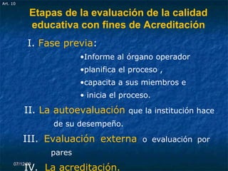 07/06/09 Etapas de la evaluación de la calidad educativa con fines de Acreditación I.  Fase previa :  Informe al órgano operador planifica el proceso ,  capacita a sus miembros e inicia el proceso. II .  La autoevaluación  que la institución hace  de su desempeño. III .  Evaluación externa  o evaluación por  pares IV.  La acreditación.  Art. 10 