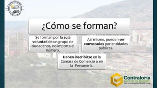 ¿Cómo se forman?
Se forman por la sola
voluntad de un grupo de
ciudadanos, no importa el
número.
Deben inscribirse en la
Cámara de Comercio o en
la Personería.
Así mismo, pueden ser
convocados por entidades
públicas.
 
