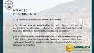 Artículo 3o.
PROCEDIMIENTO
1. Los veedores, son elegidos democráticamente.
2. Se elabora acta de constitución, la cual refleja el número de
integrantes, su identidad, objeto de vigilancia, nivel territorial,
duración, domicilio y delimita las actividades a desarrollar.
3. El acta de constitución se inscribe ante las Personerías municipales
o distritales o ante las Cámaras de Comercio, quienes deben llevar
registro público de las veedurías inscritas. (Las autoridades indígenas
asumen esta función).
 