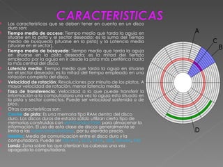 Las características que se deben tener en cuenta en un disco duro son: Tiempo medio de acceso : Tiempo medio que tarda la aguja en situarse en la pista y el sector deseado; es la suma del Tiempo medio de búsqueda (situarse en la pista) y la Latencia media (situarse en el sector).  Tiempo medio de búsqueda : Tiempo medio que tarda la aguja en situarse en la pista deseada; es la mitad del tiempo empleado por la aguja en ir desde la pista más periférica hasta la más central del disco.  Latencia media : Tiempo medio que tarda la aguja en situarse en el sector deseado; es la mitad del tiempo empleado en una rotación completa del disco.  Velocidad de rotación : Revoluciones por minuto de los platos. A mayor velocidad de rotación, menor latencia media.  Tasa de transferencia : Velocidad a la que puede transferir la información a la computadora una vez la aguja esta situada en la pista y sector correctos. Puede ser  velocidad sostenida  o  de pico .  Otras características son: Caché  de pista : Es una memoria tipo RAM dentro del disco duro. Los discos duros de  estado sólido  utilizan cierto tipo de memorias construidas con  semiconductores  para almacenar la información. El uso de esta clase de discos generalmente se limita a las  supercomputadoras , por su elevado precio.  Interfaz : Medio de comunicación entre el disco duro y la computadora. Puede ser  IDE/ATA ,  SCSI ,  SATA ,  USB ,  Firewire ,  SAS   Landz : Zona sobre las que aterrizan las cabezas una vez apagada la computadora.  