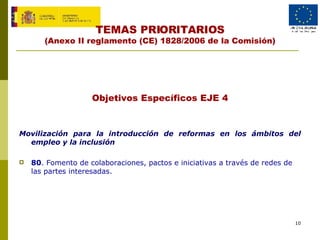 TEMAS PRIORITARIOS (Anexo II reglamento (CE) 1828/2006 de la Comisión) Objetivos Específicos EJE 4 Movilización para la introducción de reformas en los ámbitos del empleo y la inclusión 80 . Fomento de colaboraciones, pactos e iniciativas a través de redes de las partes interesadas. 