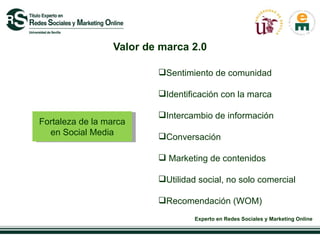 Valor de marca 2.0 Fortaleza de la marca en Social Media Sentimiento de comunidad Identificación con la marca Intercambio de información Conversación Marketing de contenidos Utilidad social, no solo comercial Recomendación (WOM) 