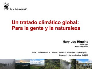 Un tratado climático global:  Para la gente y la naturaleza Mary Lou Higgins Directora WWF Colombia Foro: “Enfrentando el Cambio Climático: Camino a Copenhague”   Bogotá, 21 de septiembre de 2009 