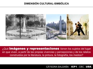 ¿Qué imágenes y representaciones tienen los sujetos del lugar
en que viven, a partir de las propias vivencias y percepciones y de los relatos
construidos por la literatura, la pintura, la fotografía, los medios?
ICP1 . CBC . UBACÁTEDRA SALDAÑA
DIMENSIÓN CULTURAL-SIMBÓLICA
 
