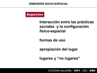 Interacción entre las prácticas
sociales y la configuración
físico-espacial
formas de uso
apropiación del lugar
lugares y “no lugares”
DIMENSIÓN SOCIO-ESPACIAL
ICP1 . CBC . UBACÁTEDRA SALDAÑA
Aspectos
 