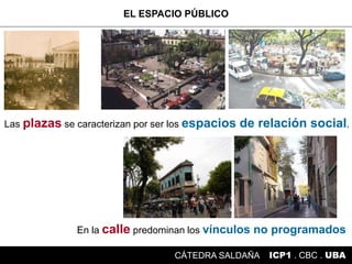 En la calle predominan los vínculos no programados
Las plazas se caracterizan por ser los espacios de relación social.
EL ESPACIO PÚBLICO
ICP1 . CBC . UBACÁTEDRA SALDAÑA
 