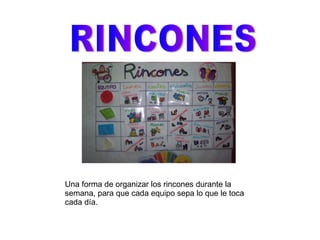 RINCONES Una forma de organizar los rincones durante la semana, para que cada equipo sepa lo que le toca cada día.  