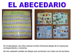 EL ABECEDARIO En el abecedario, los niños colocan la letra minúscula debajo de la mayúscula correspondiente y viceversa. Se han realizado carteles de dibujos que comienzan con cada una de las letras. 