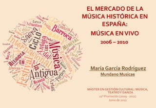 EL MERCADO DE LA
MÚSICA HISTÓRICA EN
ESPAÑA:
MÚSICA ENVIVO
2006 – 2010
María García Rodríguez
Mundano Musicae
MÁSTER EN GESTIÓN CULTURAL: MÚSICA,
TEATROY DANZA
11º Promoción (2009 - 2011)
Junio de 2012
 