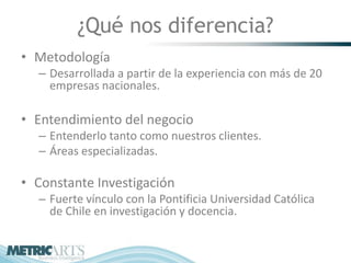 ¿Qué nos diferencia?
• Metodología
  – Desarrollada a partir de la experiencia con más de 20
    empresas nacionales.

• Entendimiento del negocio
  – Entenderlo tanto como nuestros clientes.
  – Áreas especializadas.

• Constante Investigación
  – Fuerte vínculo con la Pontificia Universidad Católica
    de Chile en investigación y docencia.
 
