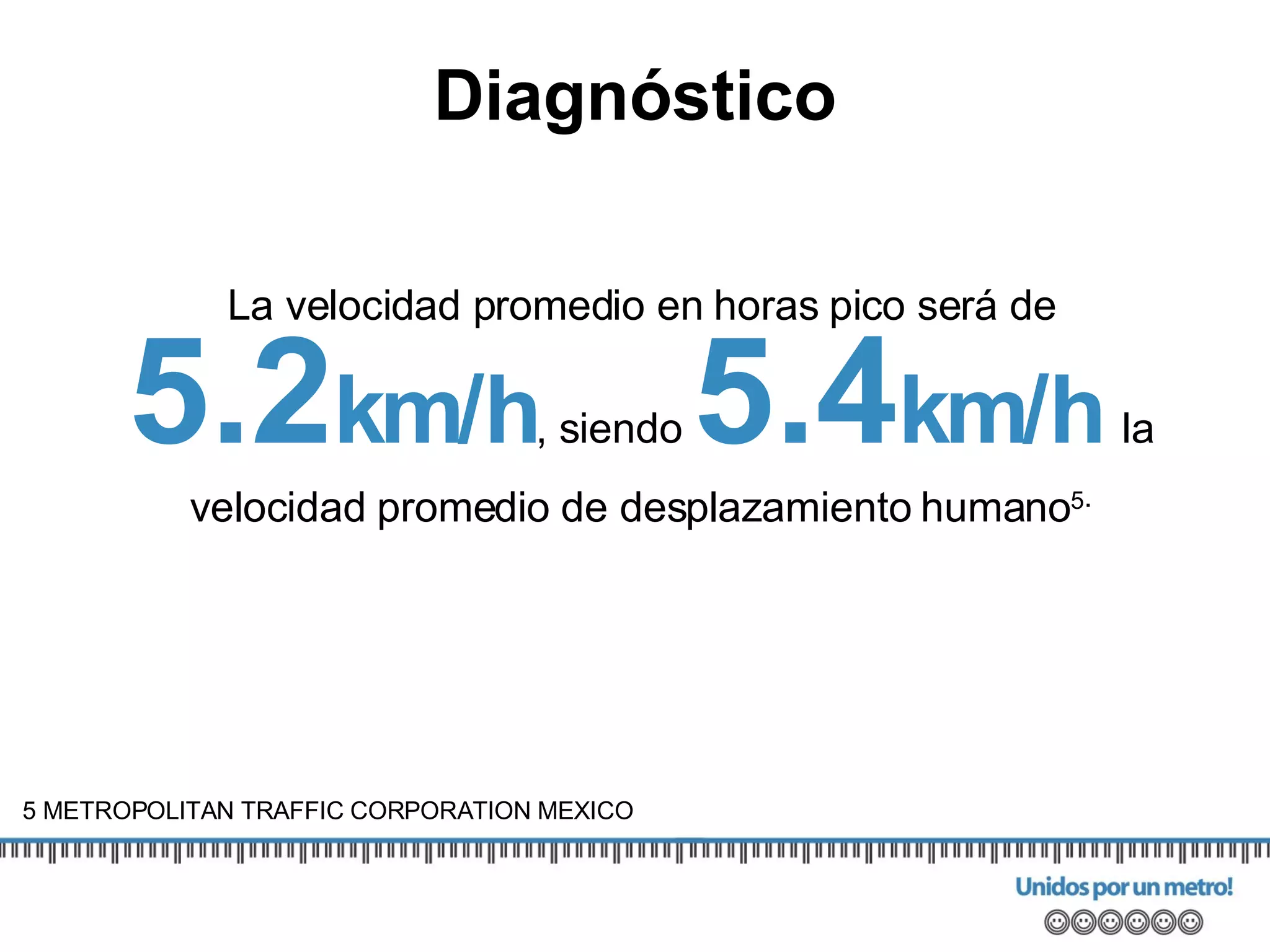 La velocidad promedio en horas pico será de  5.2 km/h , siendo  5.4 km/h   la velocidad promedio de desplazamiento humano 5 . 5 METROPOLITAN TRAFFIC CORPORATION MEXICO Diagnóstico 