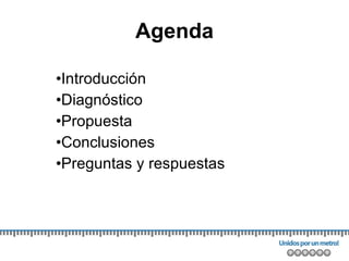 Agenda <ul><li>Introducción </li></ul><ul><li>Diagnóstico </li></ul><ul><li>Propuesta </li></ul><ul><li>Conclusiones </li>...