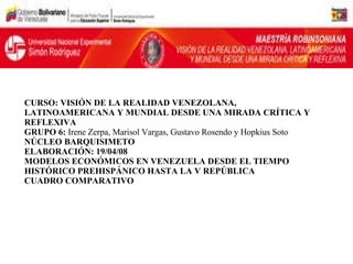 CURSO: VISIÓN DE LA REALIDAD VENEZOLANA, LATINOAMERICANA Y MUNDIAL DESDE UNA MIRADA CRÍTICA Y REFLEXIVA GRUPO 6:  Irene Zerpa, Marisol Vargas, Gustavo Rosendo y Hopkius Soto NÚCLEO BARQUISIMETO ELABORACIÓN: 19/04/08 MODELOS ECONÓMICOS EN VENEZUELA DESDE EL TIEMPO HISTÓRICO PREHISPÁNICO HASTA LA V REPÚBLICA  CUADRO COMPARATIVO 