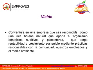 Visión

• Convertirse en una empresa que sea reconocida como
una rica botana natural que aporta al organismo
beneficios nutritivos y placenteros,
que tenga
rentabilidad y crecimiento sostenible mediante prácticas
responsables con la comunidad, nuestros empleados y
el medio ambiente.

EMPROVEG, Empresa de Productos Vegetales

emproveg@hotmail.com tel:53572622

Calz. Santiago Ahuizotla No. 149 | Col. Santiago Ahuizotla | 02750, Azcapotzalco | DF, México

 