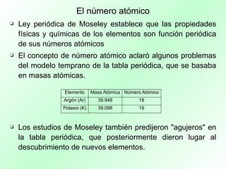 El número atómico Ley periódica de Moseley establece que las propiedades físicas y químicas de los elementos son función periódica de sus números atómicos El concepto de número atómico aclaró algunos problemas del modelo temprano de la tabla periódica, que se basaba en masas atómicas. Los estudios de Moseley también predijeron "agujeros" en la tabla periódica, que posteriormente dieron lugar al descubrimiento de nuevos elementos. 
