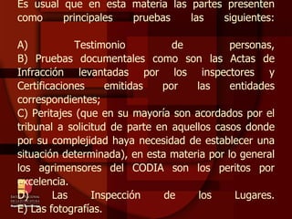 Es usual que en esta materia las partes presenten como principales pruebas las siguientes: A) Testimonio de personas, B) Pruebas documentales como son las Actas de Infracción levantadas por los inspectores y Certificaciones emitidas por las entidades correspondientes; C) Peritajes (que en su mayoría son acordados por el tribunal a solicitud de parte en aquellos casos donde por su complejidad haya necesidad de establecer una situación determinada), en esta materia por lo general los agrimensores del CODIA son los peritos por excelencia. D) Las Inspección de los Lugares. E) Las fotografías. 