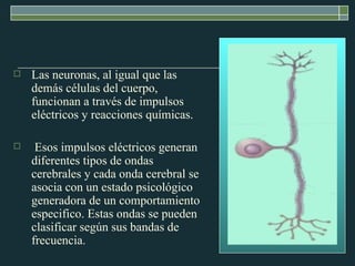 Las neuronas, al igual que las demás células del cuerpo, funcionan a través de impulsos eléctricos y reacciones químicas. Esos impulsos eléctricos generan diferentes tipos de ondas cerebrales y cada onda cerebral se asocia con un estado psicológico generadora de un comportamiento especifico. Estas ondas se pueden clasificar según sus bandas de frecuencia . 