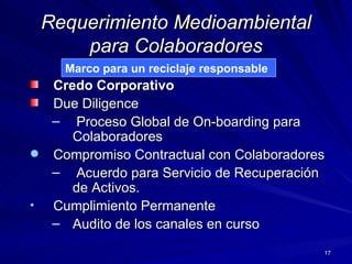 Requerimiento Medioambiental para Colaboradores Credo Corporativo Due Diligence Proceso Global de On-boarding para Colaboradores Compromiso Contractual con Colaboradores Acuerdo para Servicio de Recuperación de Activos. Cumplimiento Permanente Audito de los canales en curso Marco para un reciclaje responsable 