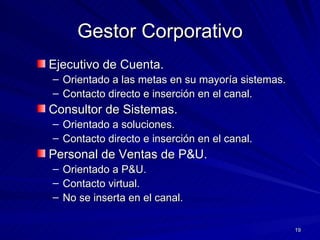 Gestor Corporativo Ejecutivo de Cuenta. Orientado a las metas en su mayoría sistemas. Contacto directo e inserción en el canal. Consultor de Sistemas. Orientado a soluciones. Contacto directo e inserción en el canal. Personal de Ventas de P&U. Orientado a P&U. Contacto virtual. No se inserta en el canal. 