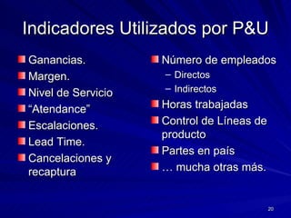 Indicadores Utilizados por P&U Ganancias. Margen. Nivel de Servicio “ Atendance” Escalaciones. Lead Time. Cancelaciones y recaptura Número de empleados Directos Indirectos Horas trabajadas Control de Líneas de producto Partes en país …  mucha otras más. 
