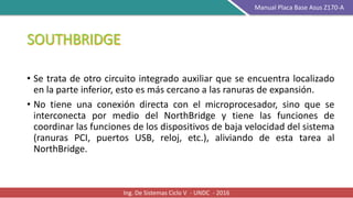 • Se trata de otro circuito integrado auxiliar que se encuentra localizado
en la parte inferior, esto es más cercano a las ranuras de expansión.
• No tiene una conexión directa con el microprocesador, sino que se
interconecta por medio del NorthBridge y tiene las funciones de
coordinar las funciones de los dispositivos de baja velocidad del sistema
(ranuras PCI, puertos USB, reloj, etc.), aliviando de esta tarea al
NorthBridge.
Ing. De Sistemas Ciclo V - UNDC - 2016
Manual Placa Base Asus Z170-A
 