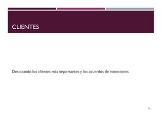 CLIENTES
Destacando los clientes más importantes y los acuerdos de intenciones
10
 