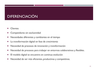 DIFERENCIACIÓN
 Clientes
 Competidores sin exclusividad
 Necesidades diferentes y cambiantes en el tiempo
 La transformación digital en fase de crecimiento
 Necesidad de procesos de innovación y transformación
 Necesidad de procesos para trabajar en entornos colaborativos y flexibles.
 El modelo digital se encuentra en continua evolución
 Necesidad de ser más eficientes, productivas y competitivas.
15
 