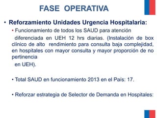 • Reforzamiento Unidades Urgencia Hospitalaria:
• Funcionamiento de todos los SAUD para atención
diferenciada en UEH 12 hr...