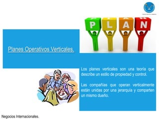 Planes Operativos Verticales.


                                    Los planes verticales son una teoría que
                                    describe un estilo de propiedad y control.

                                    Las compañías que operan verticalmente
                                    están unidas por una jerarquía y comparten
                                    un mismo dueño.



Negocios Internacionales.
 