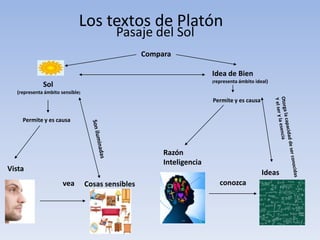 Los textos de Platón
                                          Pasaje del Sol
                                                   Compara

                                                                       Idea de Bien
                                                                       (representa ámbito   ideal)
             Sol
  (representa ámbito sensible)
                                                                       Permite y es causa


    Permite y es causa




                                                        Razón
                                                        Inteligencia
Vista                                                                                         Ideas
                      vea        Cosas sensibles                          conozca
 